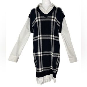 Preppy Plaid Sweater Vest Dress with White Collared Shirt Fall Layered Look Lg